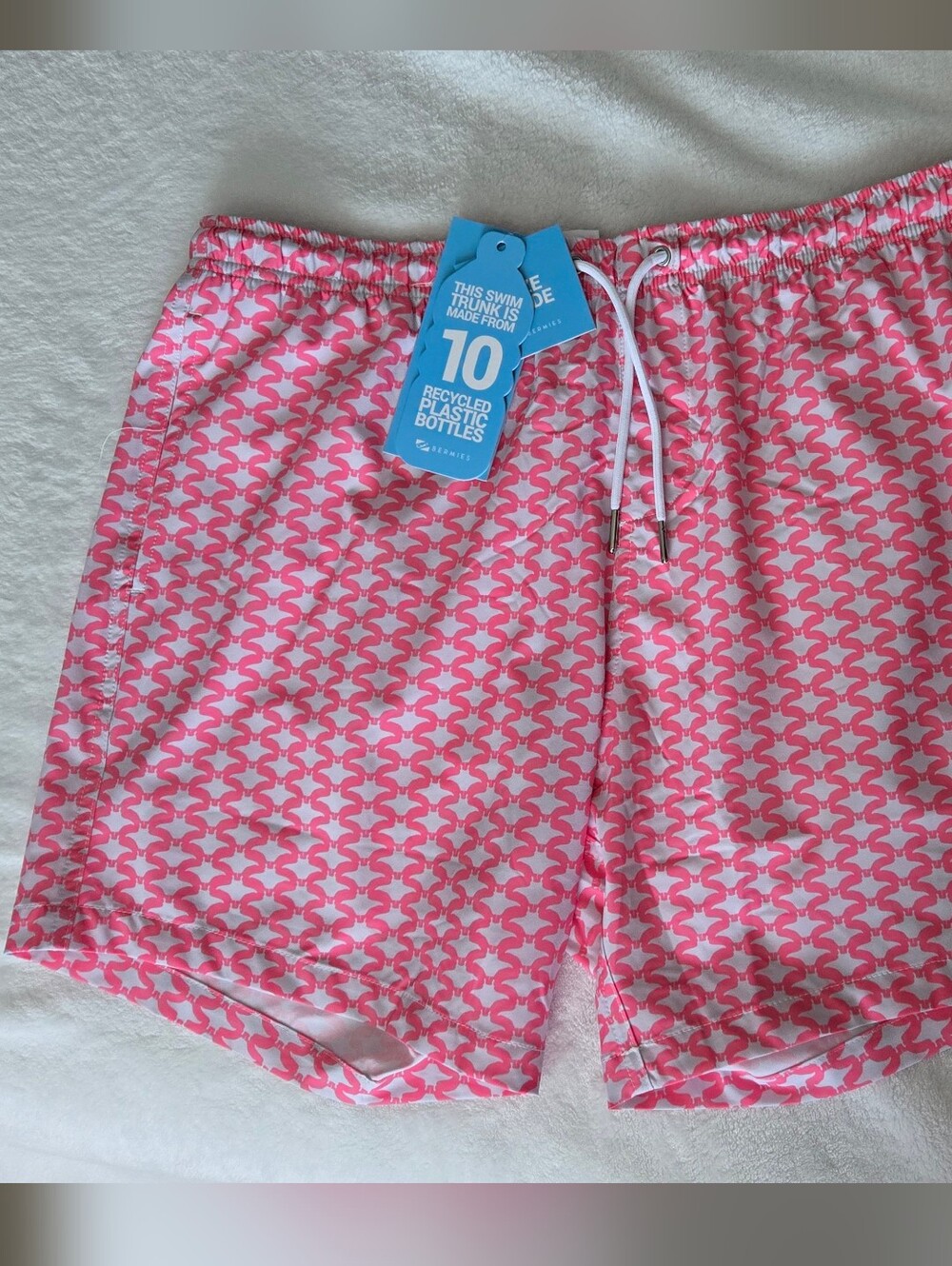 Bermies | Pink & White Geometric Pocket Swim Shorts